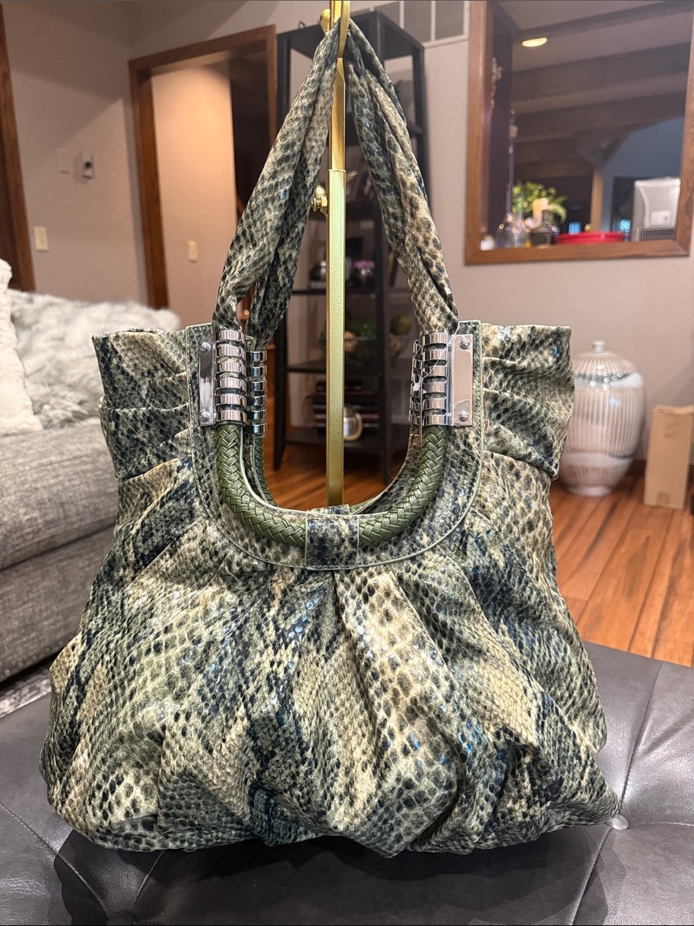 NWT Snake-Print Green Slouchy Purse with Silver Hardware & Full Zip Closure